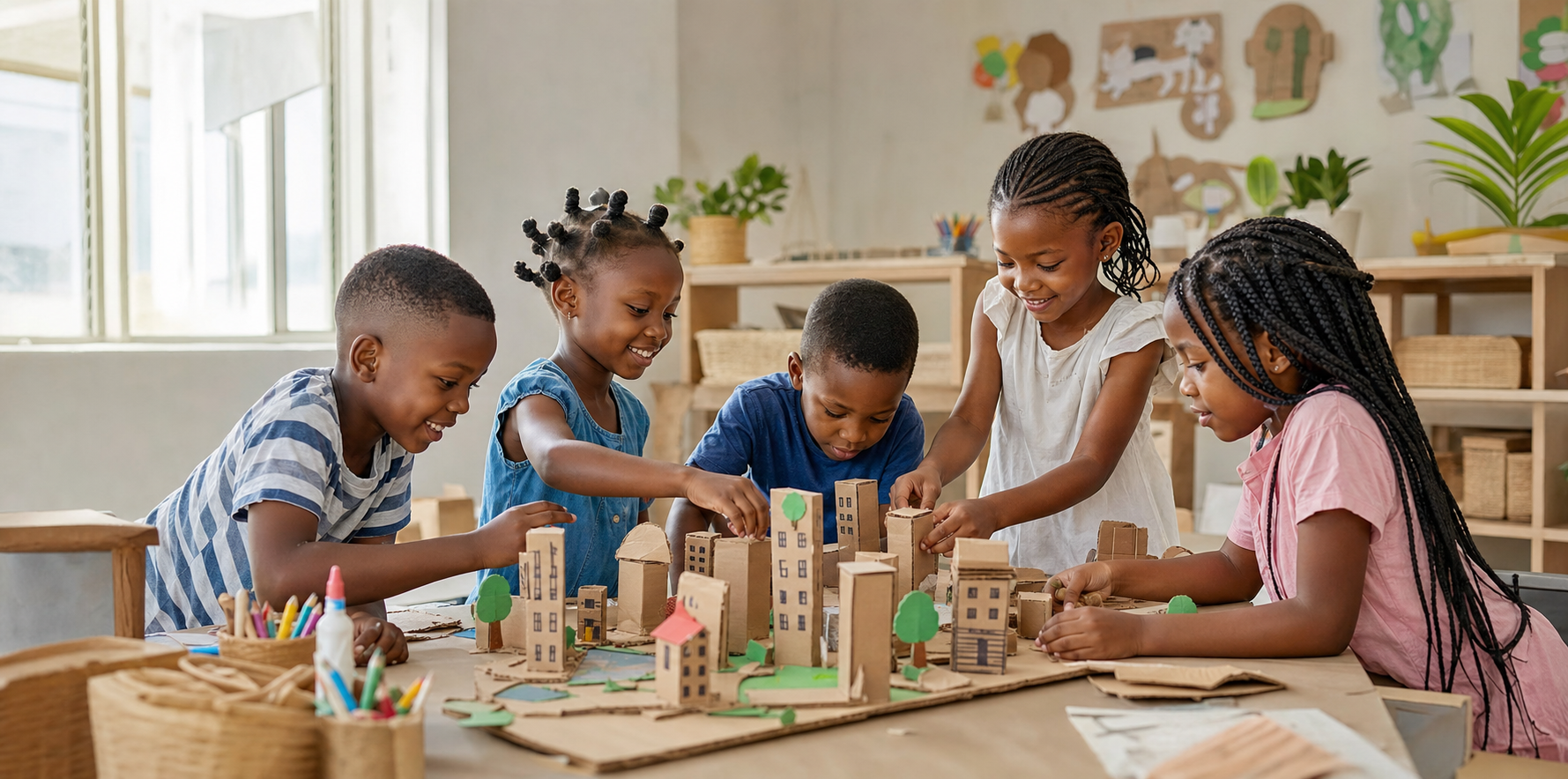 Nigerian children collaboratively building a cardboard city in a bright creative learning space.