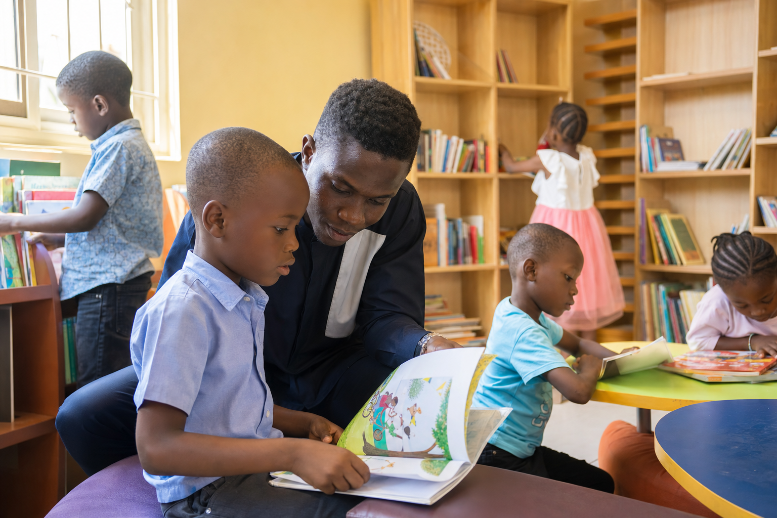 A Nigerian child reading a picture book with a caring adult in a library corner.