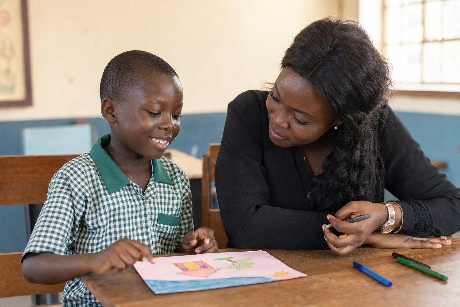 A Nigerian child sharing a drawing with an attentive adult mentor.