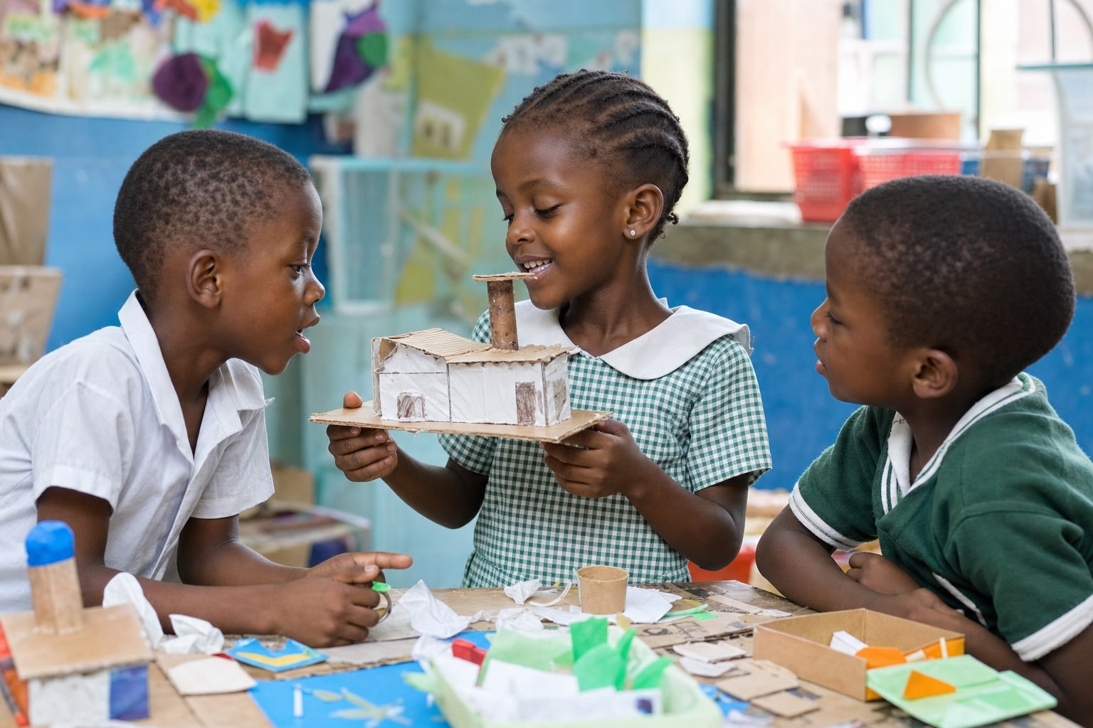 A Nigerian child proudly showing a handmade paper model to friends.